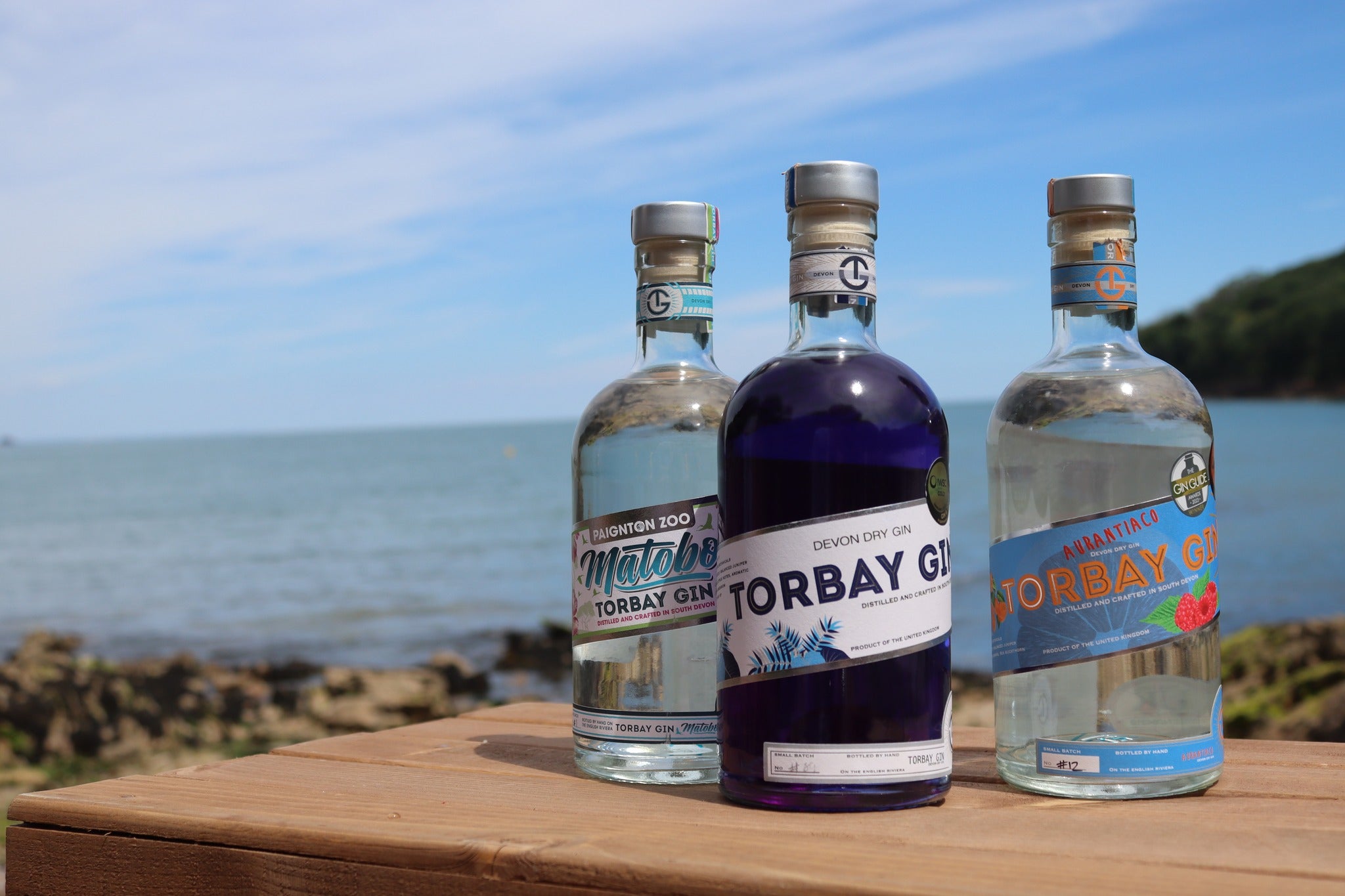 three bottles of torbay gin on torquay beach, including colour changing gin, matobo gin and orange and raspberry aurantiaco gin