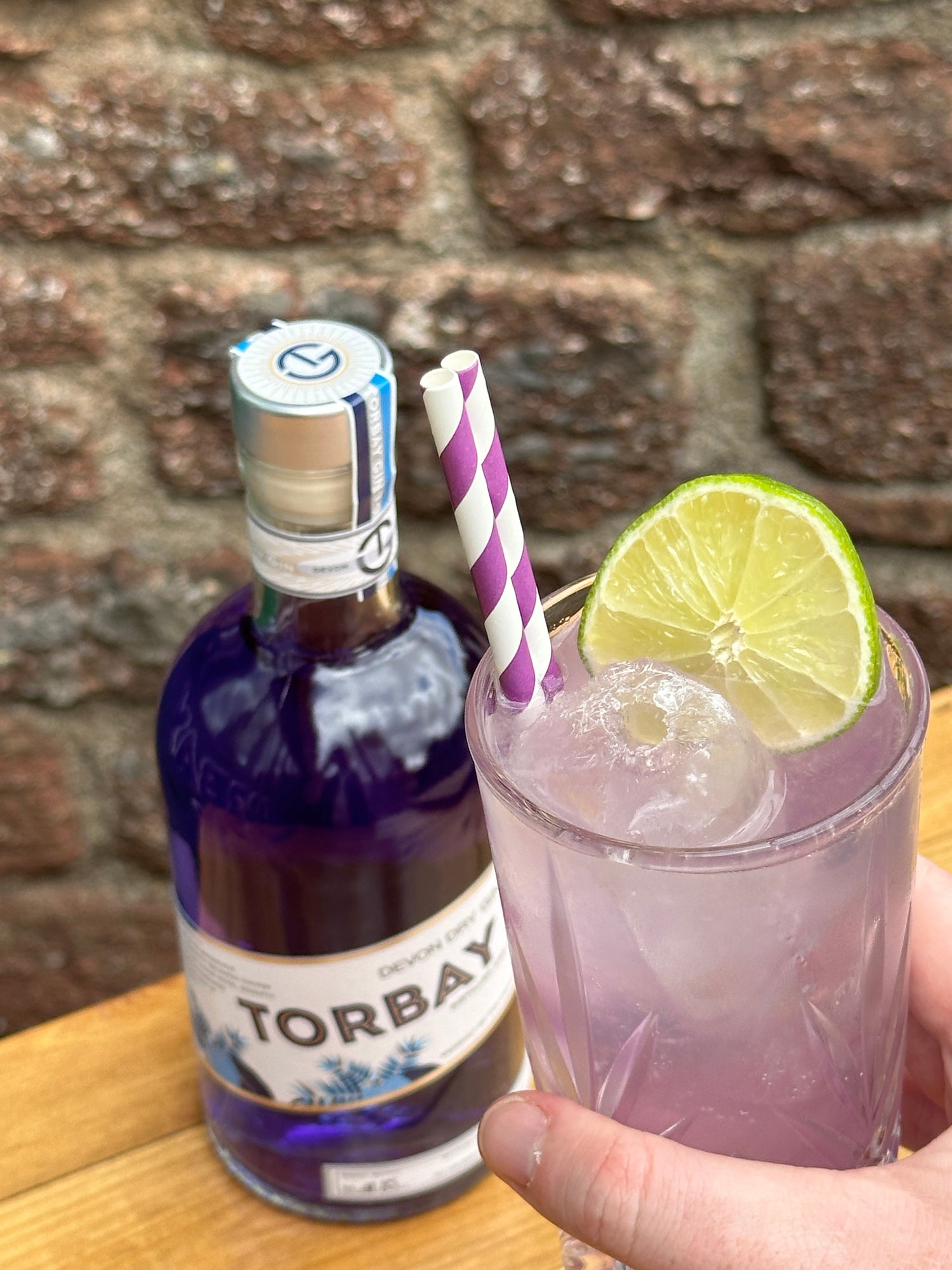 Torbay Collins cocktail held in hand showing the colour changing gin