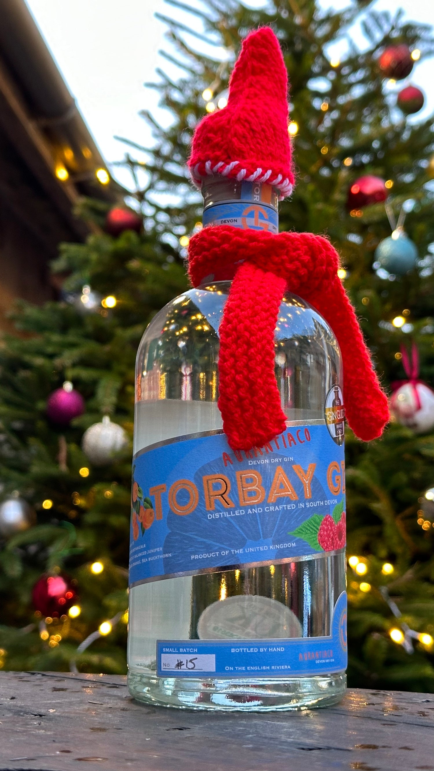 Aurantiaco gin in front of christmas tree with christmas hat