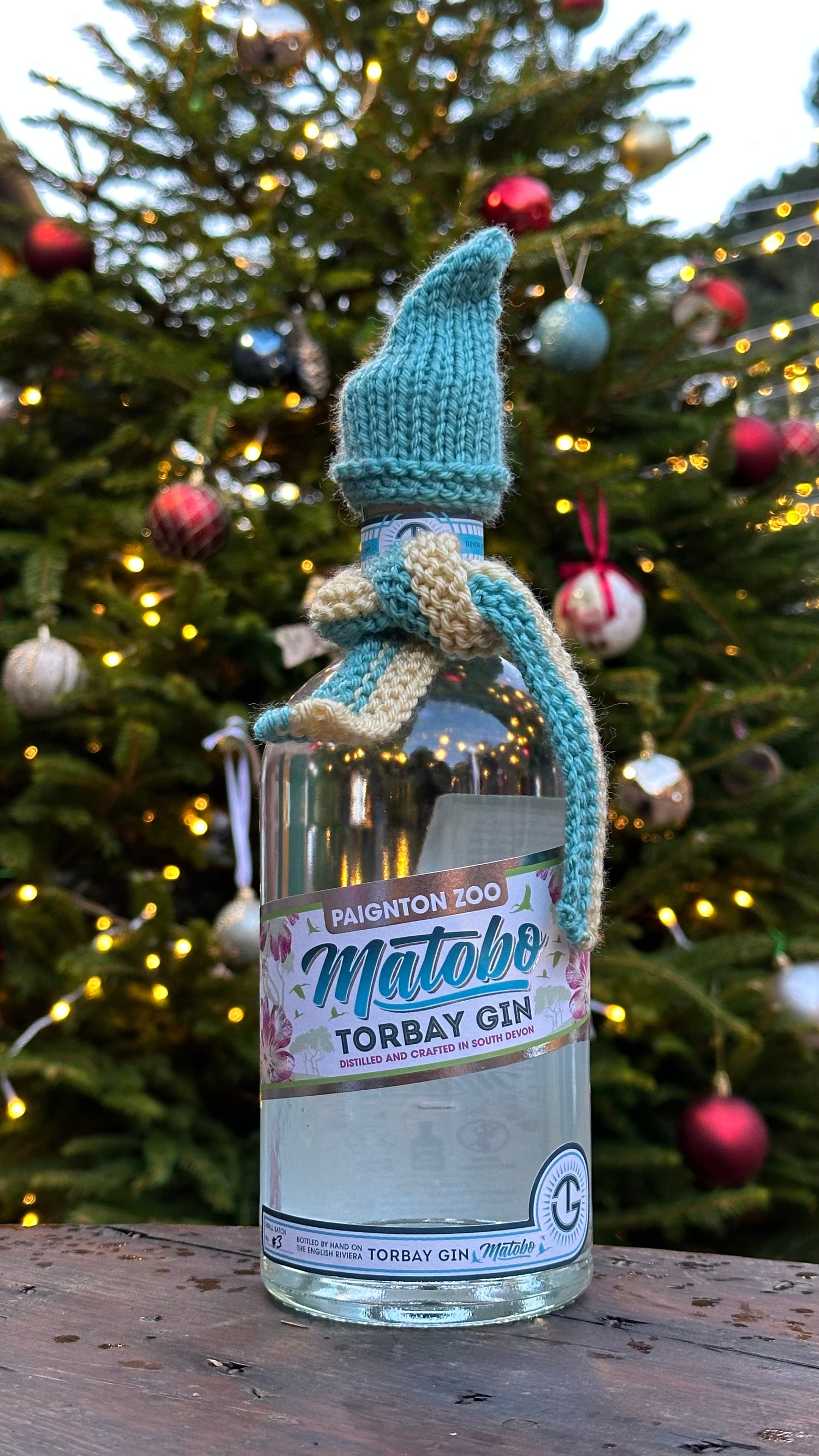 matobo gin with hat and scarf by the cockington christmas tree